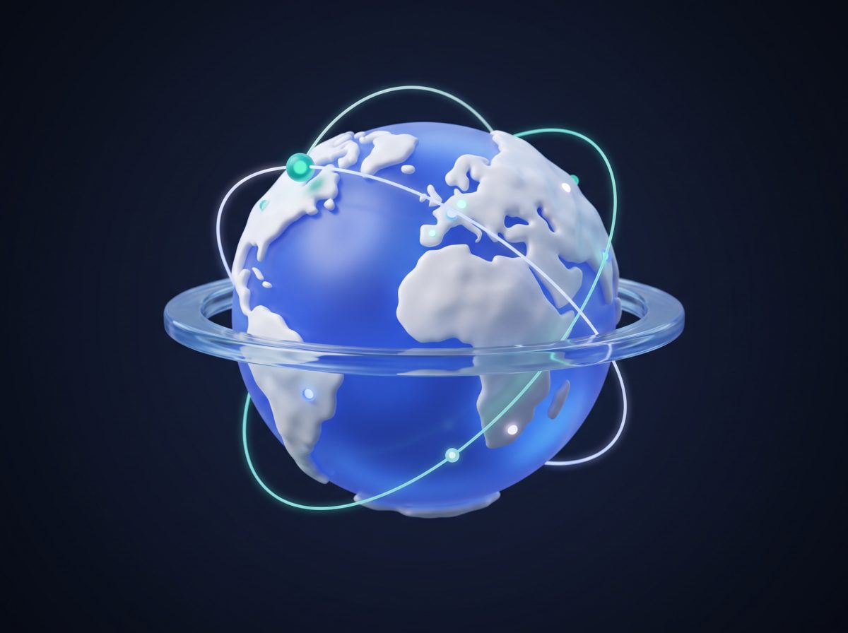 A glass globe encircled by a ring, with lit nodes across it