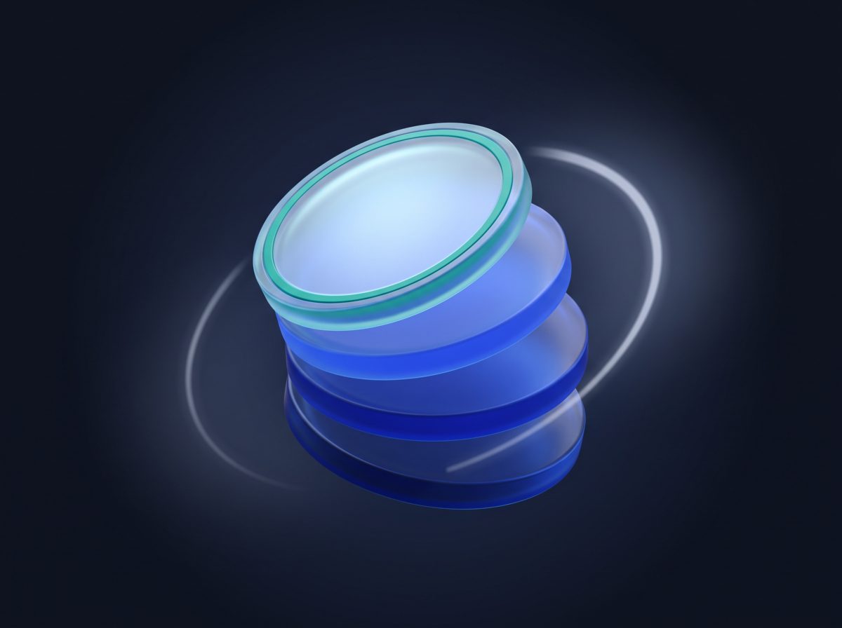 Four glass discs fanned out, the top one lit along its edge